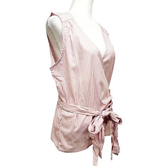 Striped V-Neck Wrap Sleeveless Blouse Tie Waist By Blåshe Size Large Pink - Picture 11 of 11